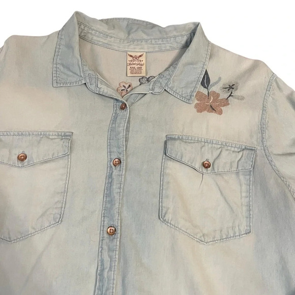 Denim Chambray Floral Embroidered Button Down Shirt XXL - Picture 2 of 6